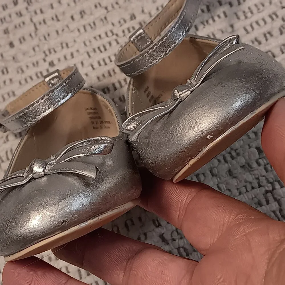 Janie & Jack little girls Metallic Ankle Strap Bow Ballet dress Flats sz 7 -READ